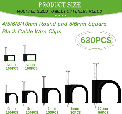 mxuteuk 630PCS Cable Clips with Steel Nails,4/5/6/8/10mm Round and 5/6mm Square White Cable Wire Clips,Wall Clips for Cords,Cable Cord Clips for RG6 RG59 CAT6 RJ45
