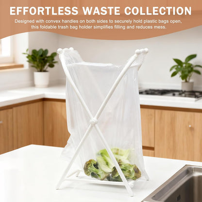 Trash Bag Stand, Foldable Trash Bag Holder Kitchen Trash Bag Rack Indoor Outdoor Trash Can Stand for Kitchen, Camping, Picnic (White)