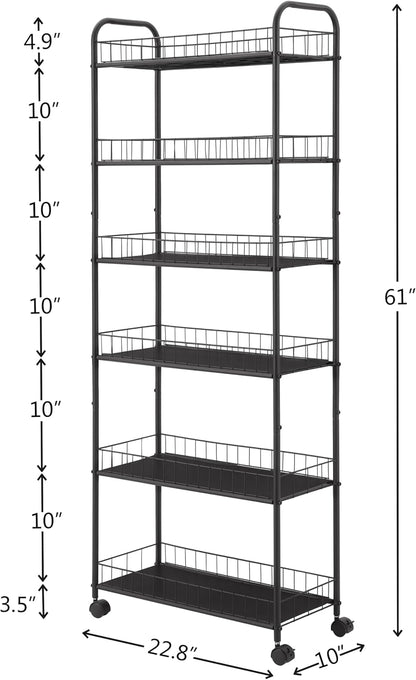6-Tier Storage Cart Wire Slim Shelving Shelf with Wheels for Small Spaces, Rolling Tall Organizer Storage for Bathroom, Kitchen, Home, Garage, Bedroom, Closet (Black, 10“D)