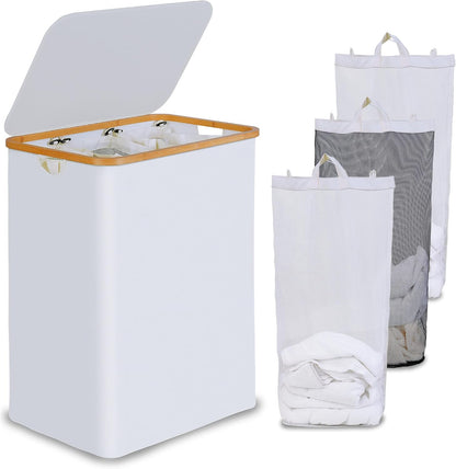 efluky Laundry Hamper with Lid, Trio Laundry Basket with 2 Removable Bags, 3 Section Laundry Bin with Bamboo Handles for Bathroom, Bedroom & Laundry Room, 160L (42.3 Gallon) Beige