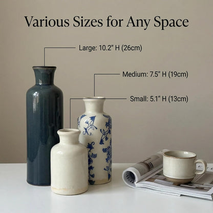Ceramic Vase Set of 3 with Handles, Green White Neutral Rustic Modern Farmhouse Boho Decor, Versatile as Table Centerpiece or Mantel & Shelf Accent - Unique Home Gift Idea