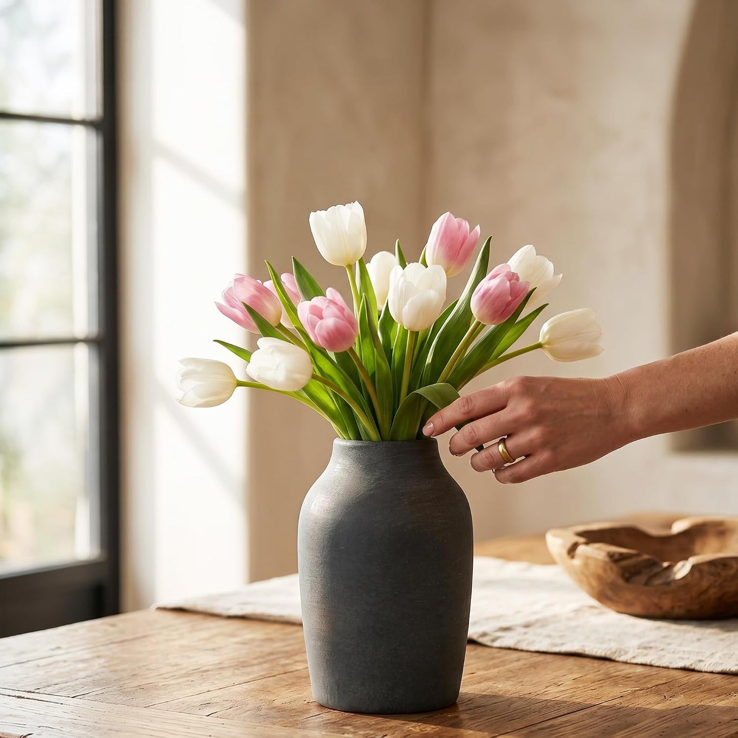 Ceramic Vase Set of 2, Modern Donut Vases for Nordic Minimalist Boho Home Decor, Centerpieces for Dining Tables Living Room Shelf Bookshelf Mantel Entryway Office House