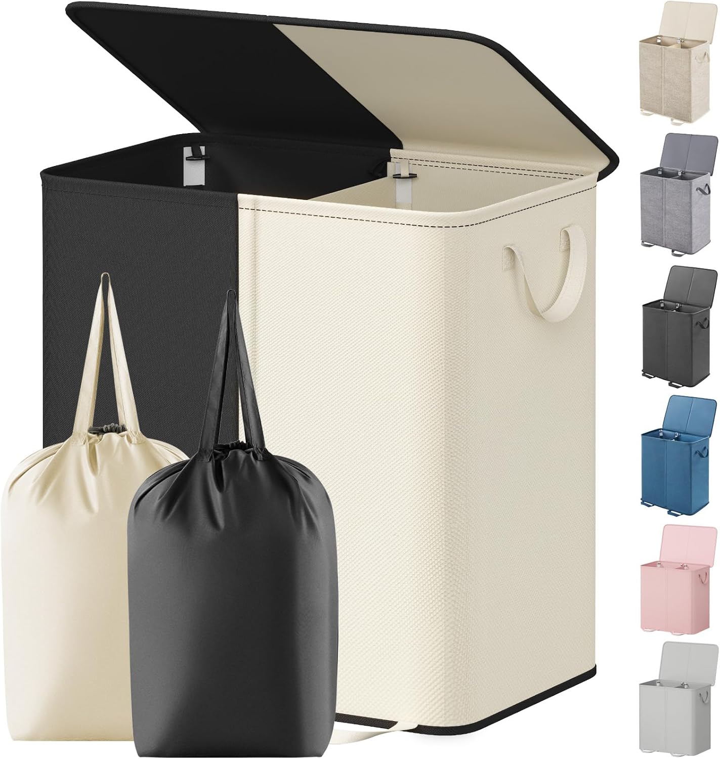 Lifewit Double Laundry Hamper with Lid and Removable Laundry Bags, Large Collapsible 2 Dividers Dirty Clothes Basket with Handles for Bedroom Laundry Room Closet Bathroom College, 136L Beige