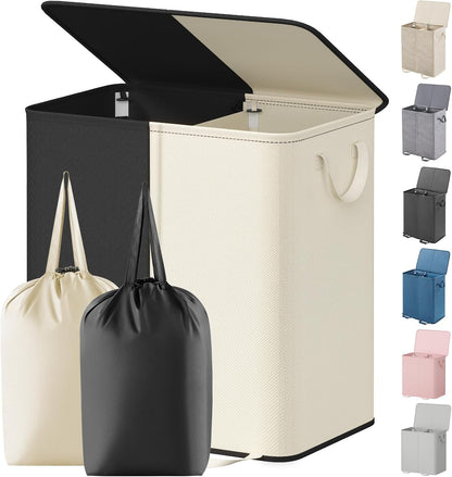 Lifewit Double Laundry Hamper with Lid and Removable Laundry Bags, Large Collapsible 2 Dividers Dirty Clothes Basket with Handles for Bedroom Laundry Room Closet Bathroom College, 136L Beige
