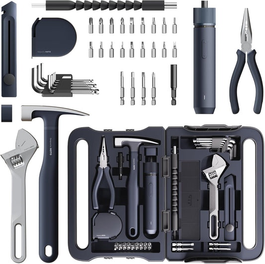 HOTO 40-Piece Tool Kit, Household Essentials Tool Set w/Smart Electric Screwdriver (LED, 3 Torque) + 14 Tools & 26 Accessories Including Allen Wrenches Sets | Pro-Grade Compact Organizer