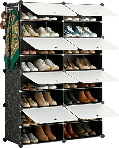 HealSmart Shoe Rack Organizer with Door, Shoe Storage Cabinet, Stackable Plastic Shelves for Closet, Entryway, Hallway, Bedroom, 8-Tier 32-Pair, White