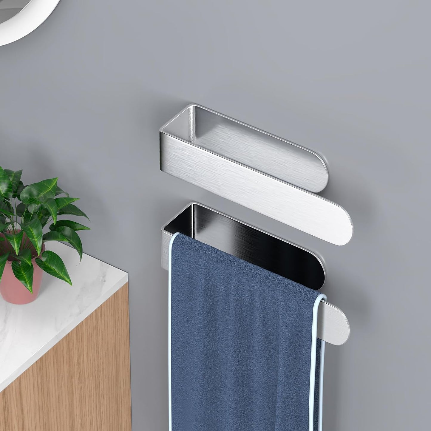 HUFEEOH 2 Pack Adhesive Hand Towel Holder, Kitchen Towel Rack Towel Bars Wall Mounted, Stainless Steel Bath Towel Hanger for Bathroom Hotel Kitchen (White, 8 Inch(2PC))
