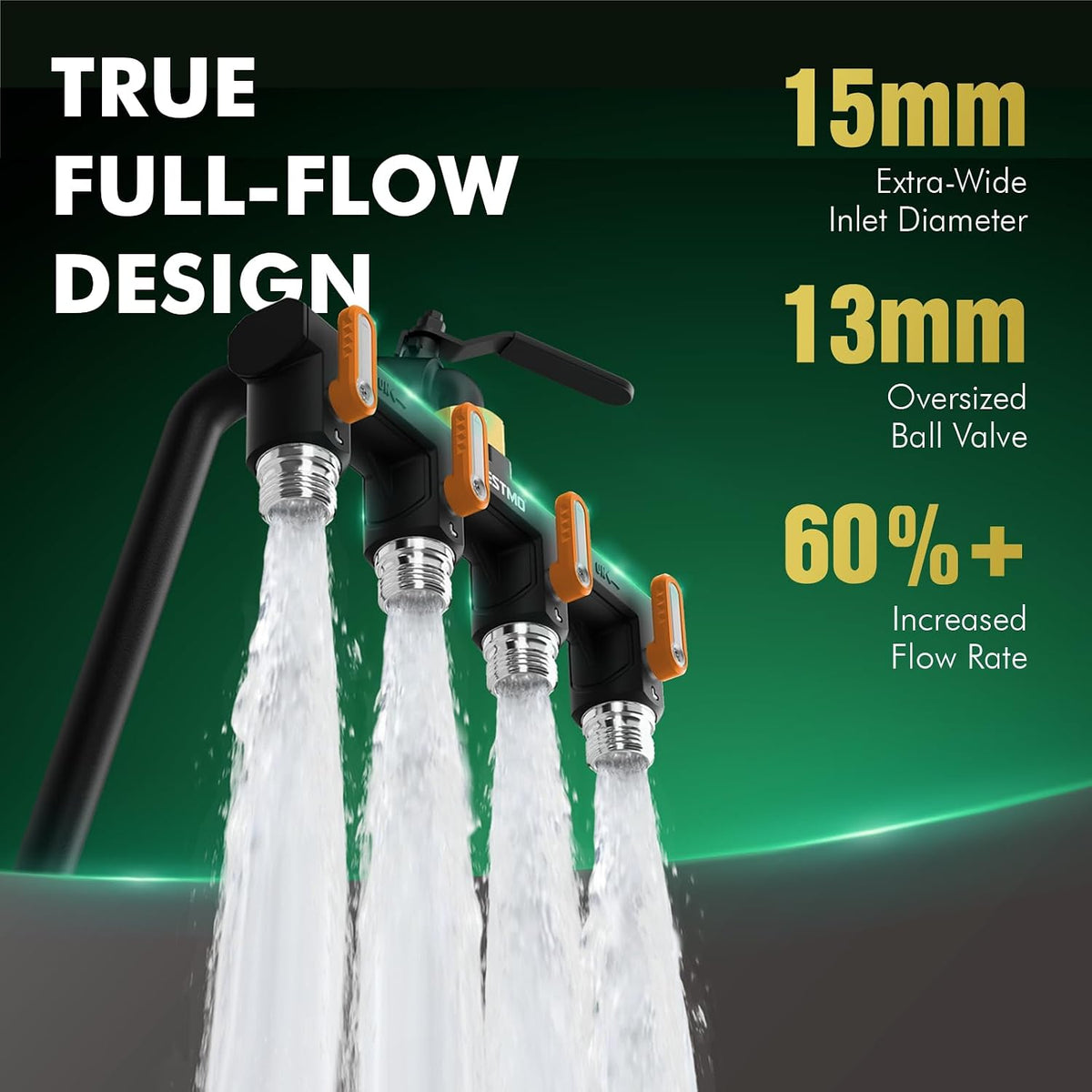 Restmo Garden Hose Splitter, 4 Way Heavy Duty Full Metal Water Spigot Splitter with Shutoff Valve, Outdoor Faucet Spigot Adapter with Extended Levers, 3/4" GHT Thread - Green