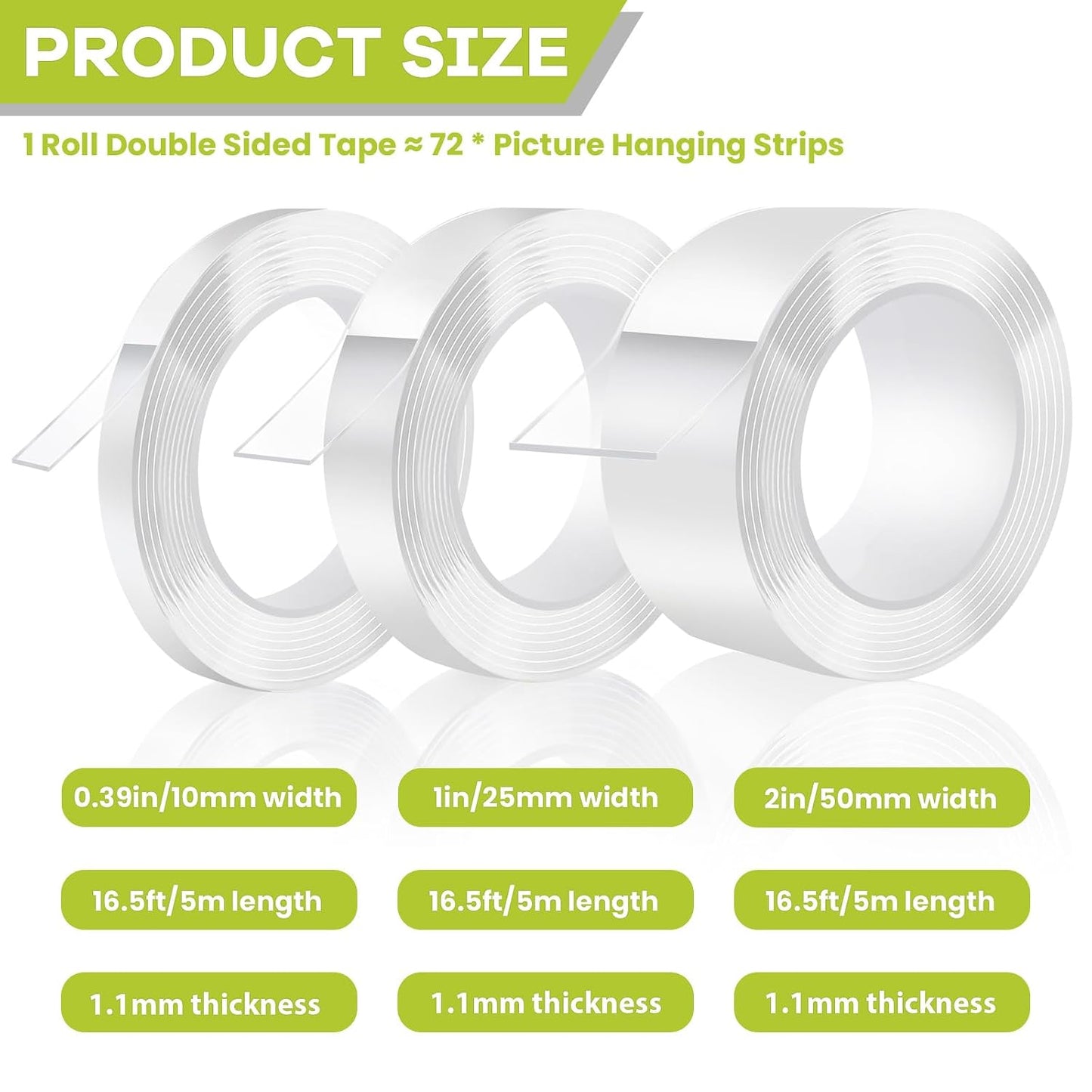 Double Sided Tape Heavy Duty, Removable Nano Double Sided Adhesive Tape, Clear Mounting Tape Picture Hanging Adhesive Strips Waterproof for Walls Photo Crafts Carpet Poster, 0.39" x 16.5FT