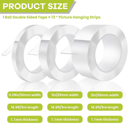 Double Sided Tape Heavy Duty, Removable Nano Double Sided Adhesive Tape, Clear Mounting Tape Picture Hanging Adhesive Strips Waterproof for Walls Photo Crafts Carpet Poster, 0.39" x 16.5FT