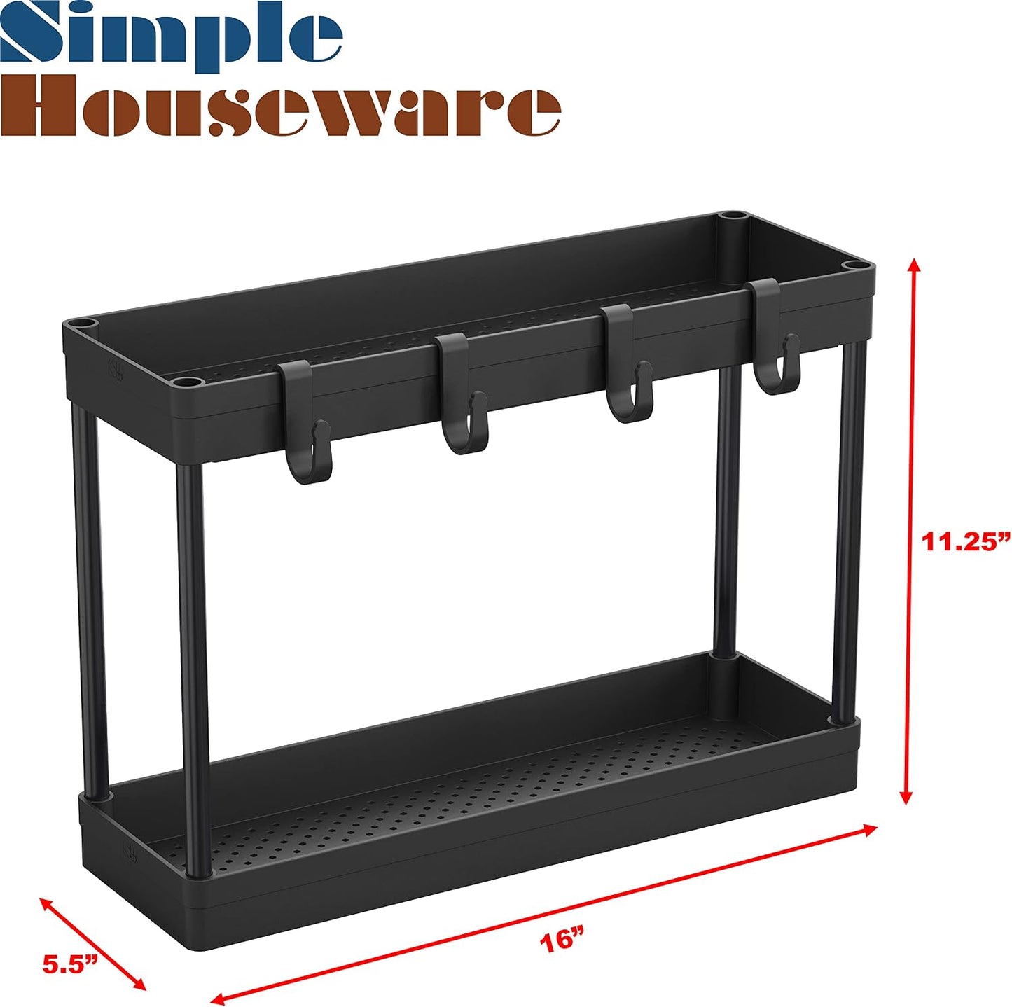 Simple Houseware 2-Tier Under Sink Organizer Storage Tray with Hooks, White