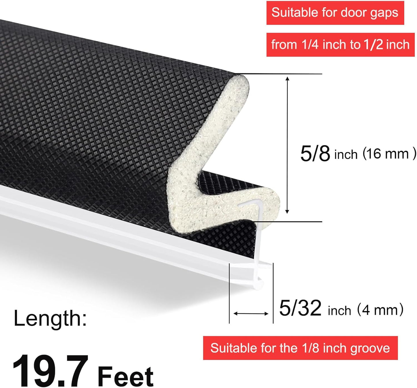 40FT Kerf V‑Shaped Weather Stripping Door Seal, Press‑in Seal for Pre‑Cut Slot Doors, Not Self‑Adhesive, Soundproof Draft Blocker for Exterior Front Doors, Fits Large Gaps, Easy DIY Install (White)