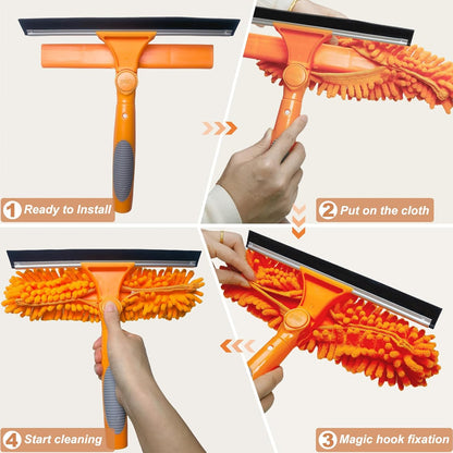 2 in 1 Window Washing Squeegee & Duster with 2 Pad Compatible with Standard 3/4 Inch Threaded Poles for Home Indoor Outdoor Window Washing/Duster Head Only (Orange)