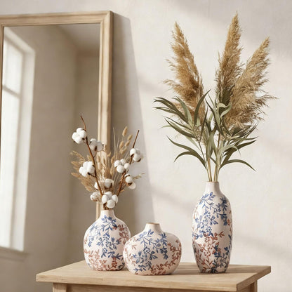 Small Ceramic Vase Set of 3,Bulk Mini Bud Vases for Flowers and Pampas Grass,Cute Boho Ellipse Home Decor for Coffee Table Centerpieces,Living Room,Office,Bookshelf,Entryway Decor (Green Floral)