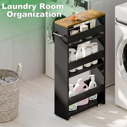 MARTY Slim Rolling Storage Cart 4-Tier Kitchen Cart with Wheels, Laundry Room Storage with Handle Slide Out Utility Cart Shelving Unit Organizer Trolley for Narrow Places Bathroom Small Corner, Black