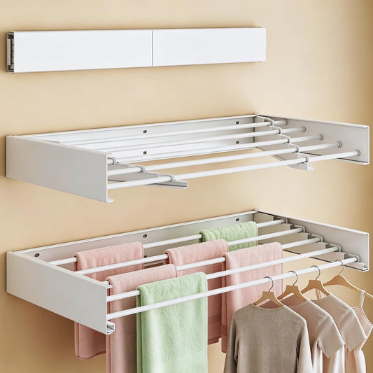 Wall Mounted Foldable Clothes Drying Rack, Collapsible Laundry Drying Clothes Rack, Space Saving Clothing & Towels Retractable Drying Rack with Wall Template Indoor & Outdoor Balcony (White,W23.6'')