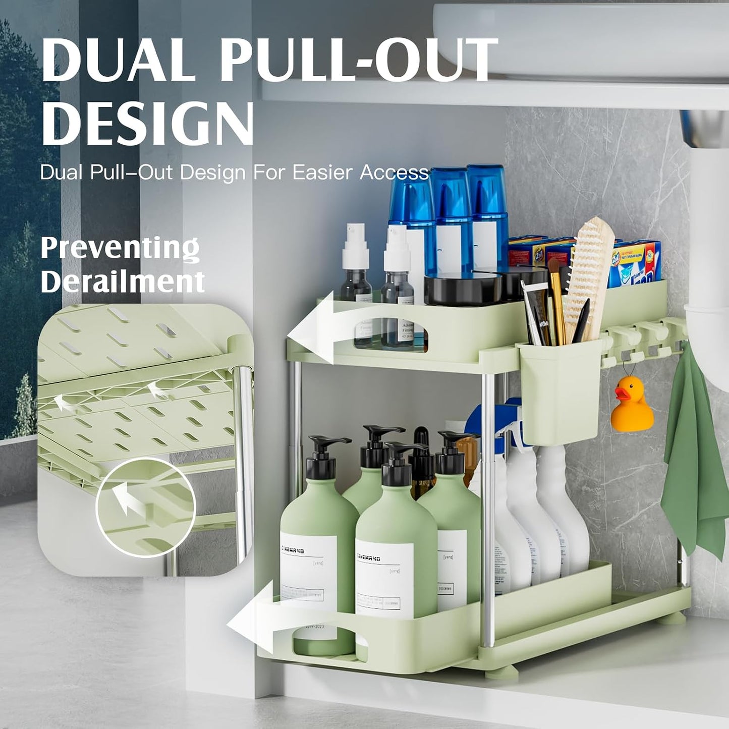 VERIFOST 2 Pack Under Sink Organizers and Storage, Double Sliding Kitchen Cabinet Organizer, 2 Tier Height Adjustable Countertop Organizer for Kitchen Bathroom Laundry, White