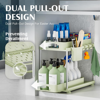 VERIFOST 2 Pack Under Sink Organizers and Storage, Double Sliding Kitchen Cabinet Organizer, 2 Tier Height Adjustable Countertop Organizer for Kitchen Bathroom Laundry, White