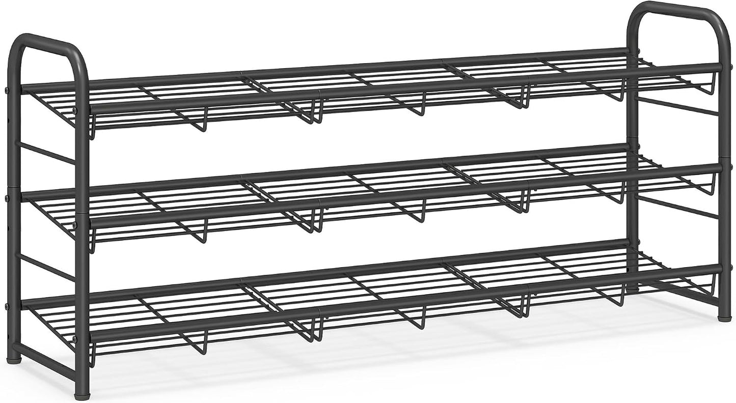SONGMICS Stackable Shoe Rack, 4 Tier Metal Shoes Rack Storage Shelf, Holds up to 16 Pairs Shoes, Adjustable Slanted Shelves Shoe Tower Organizer for Closet Entryway Small Spaces, Black