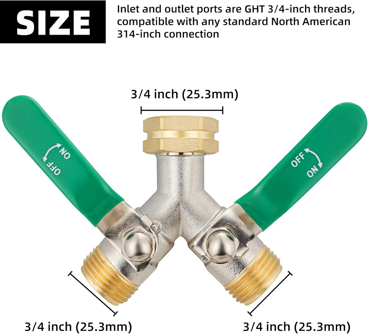 Hose Splitter 2 Way, High Flow Garden Hose Splitter, 3/4” Ght Inlet Brass Heavy Duty Hose Converter, Full Flow water 2 Way Faucet hose splitter, Long Handle Hose Valve Large Outlet.