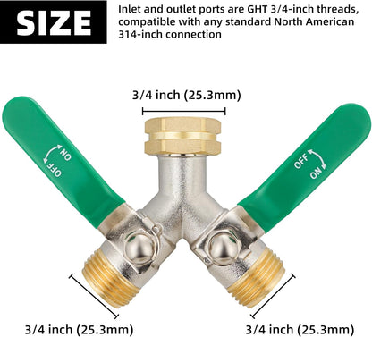 Hose Splitter 2 Way, High Flow Garden Hose Splitter, 3/4” Ght Inlet Brass Heavy Duty Hose Converter, Full Flow water 2 Way Faucet hose splitter, Long Handle Hose Valve Large Outlet.