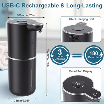 Automatic Soap Dispenser, Hand Soap Dispenser 12.8oz/380ml Smart Rechargeable, Liquid Touchless Soap Dispensers with 6-Level, Wall Mounted or Countertop Dish Soap Dispensing for Bathroom & Kitchen