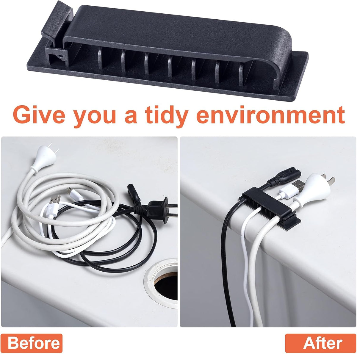 6pcs Cable Organizer Clips, Self-Adhesive Cord Management Holder, Charger Wire Organizing Tools for Home Office Desk Wall- Black