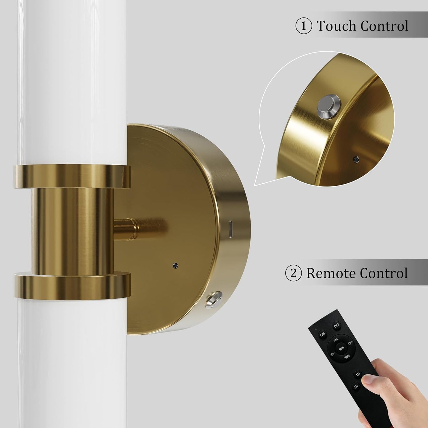 Wireless Wall Sconces with Remote Control, Battery Operated Wall Sconce Set of 2 with Timer, Gold Rechargeable Dimmable Glass Wall Lights for Living Room Bedroom Hallway Entryway 3000K, 20.5 Inch