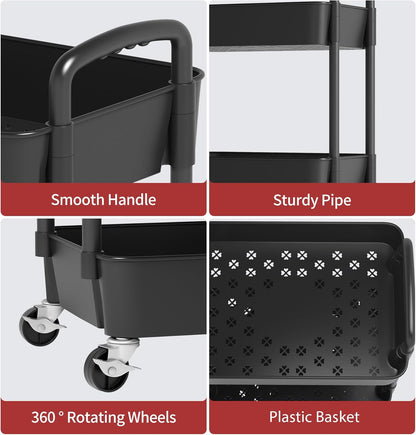 Sywhitta 4-Tier Plastic Rolling Utility Cart with Handle, Multi-Functional Storage Trolley for Office, Living Room, Kitchen, Movable Storage Organizer with Wheels, Black