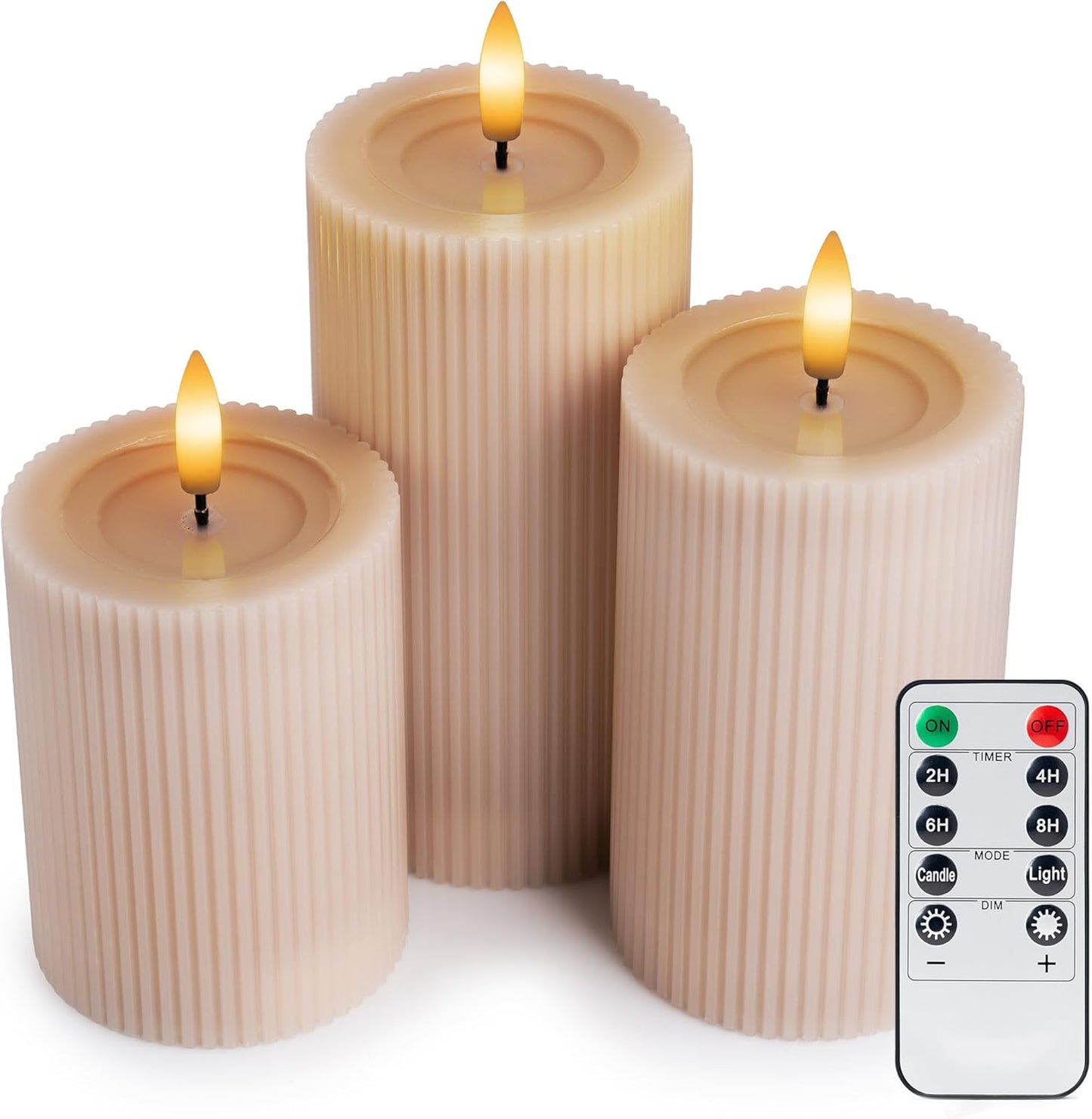 Fluted Ribbed LED Pillar Candles, Cream Beige, with Reflective Melted-Wax Effect – Flickering Flame, Remote, Dimmable, Flameless, Battery Operated, Home & Wedding Decor (Set of 3)