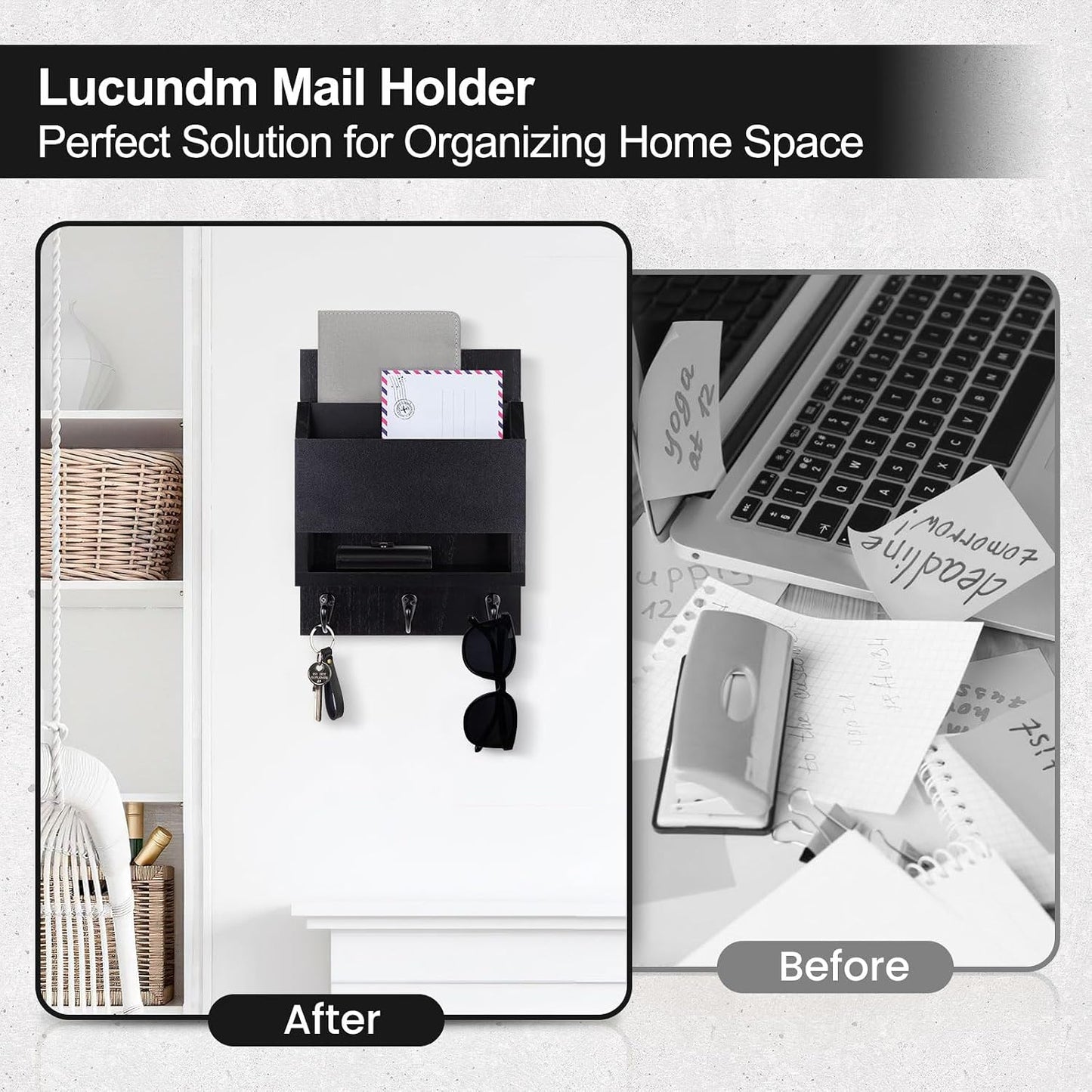 Key and Mail Holder for Wall, Key Holder with Chalkboard and Long Storage Box, Key Hanger with 3 Sturdy Hooks for Coat, Dog Leash, Entryway Mail Organizer (Black)