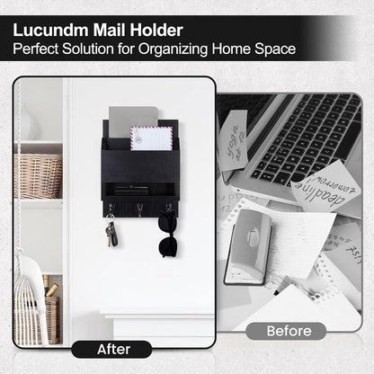 Key and Mail Holder for Wall, Key Holder with Chalkboard and Long Storage Box, Key Hanger with 3 Sturdy Hooks for Coat, Dog Leash, Entryway Mail Organizer (Black)