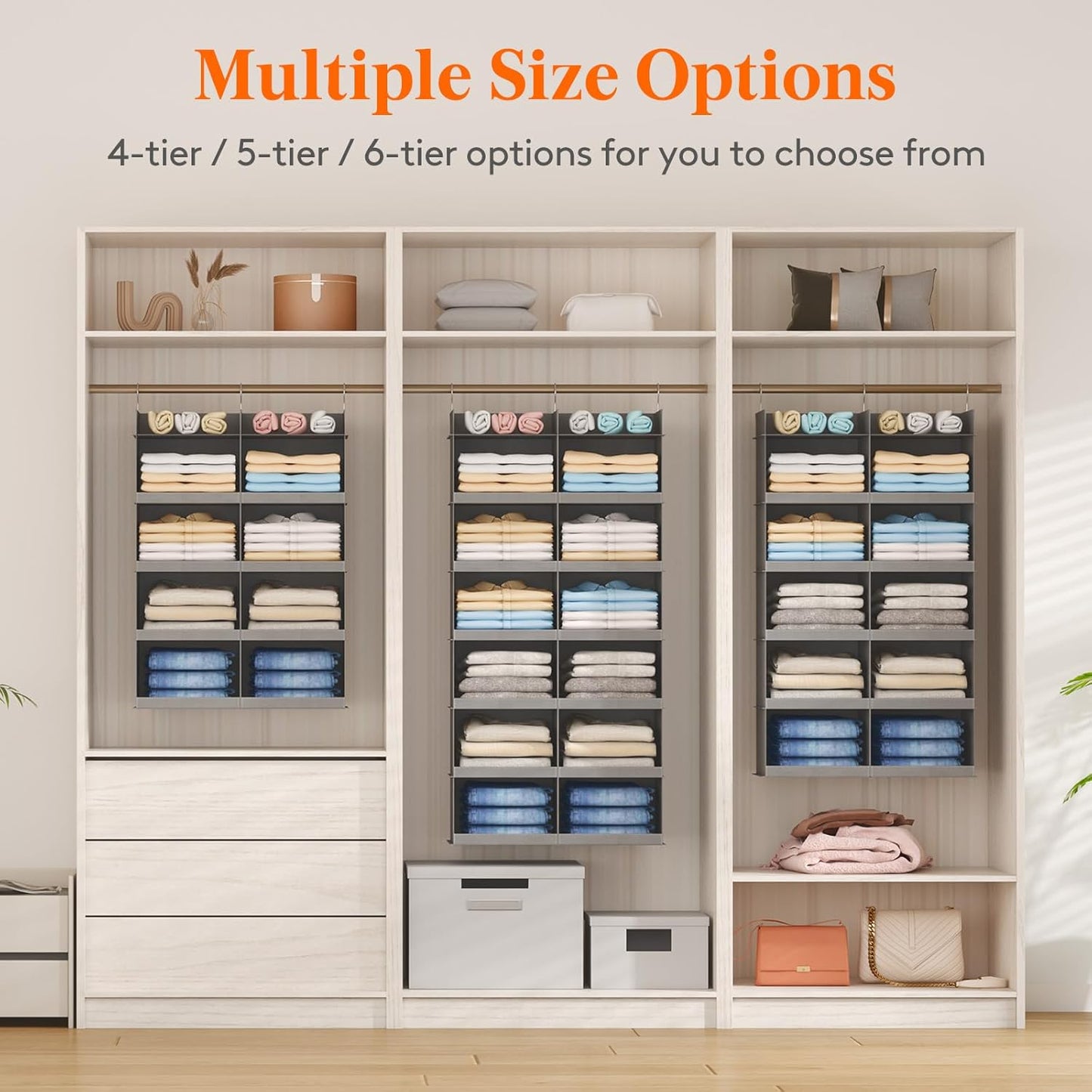 Lifewit Dual-Row Shelf Hanging Closet Organizer and Storage, Clothes Shelves with 3 Sturdy Hooks for Clothing Organization, Foldable Container Hold Up to 24 Sweaters, 4 Tier 8 Sections, Gray