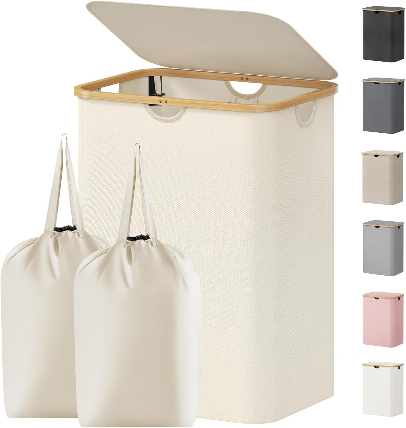 Lifewit 120L Laundry Basket with Lid, Clothes Hampers for Laundry with Bamboo Handles and 2 Removable Bag, Large Foldable Laundry Hamper for Bedroom, Bathroom, Dorm, Laundry Room, Beige