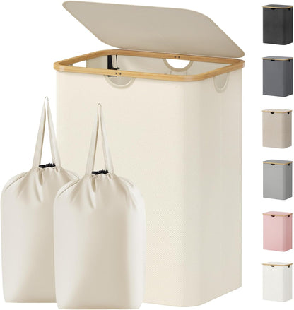 Lifewit 120L Laundry Basket with Lid, Clothes Hampers for Laundry with Bamboo Handles and 2 Removable Bag, Large Foldable Laundry Hamper for Bedroom, Bathroom, Dorm, Laundry Room, Beige