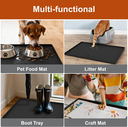 ukeetap Extra Thick Silicone Mat Waterproof with Raised Edge 19” x 12”, BPA Free Non-Slip Dog & Cat Food Mat, Feeding Mat for Food and Water Bowls, Spill Proof Mat to Protect Floors, Black