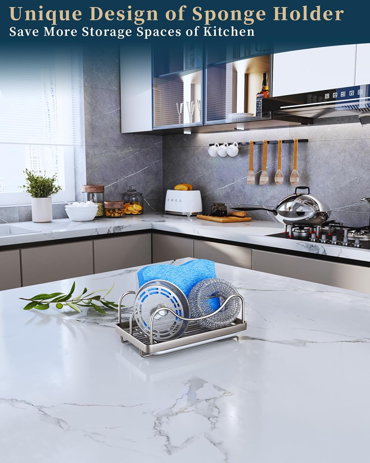 Consumest Sponge Holder for Kitchen Sink - Movable Sink Caddy for Countertop Organizer, 304 Stainless Steel Sponge Holder with Detachable Drip Tray for Kitchen Accessories-Silver