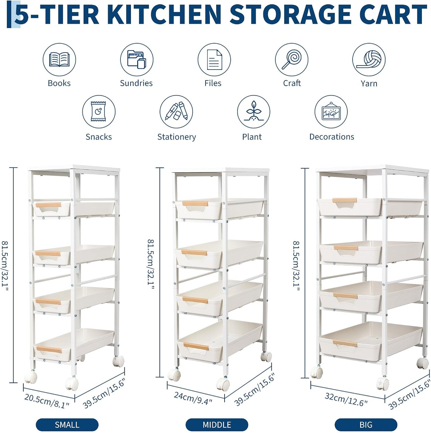 Garvee 5-Tier Slim Rolling Storage Cart, 12.6" Wooden Top Narrow Kitchen Carts on Wheels with Pull-Out Baskets, Mobile Shelving Unit Organizer for Kitchen, Bathroom, Laundry Room, Small Spaces