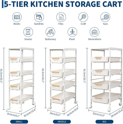 Garvee 5-Tier Slim Rolling Storage Cart, 12.6" Wooden Top Narrow Kitchen Carts on Wheels with Pull-Out Baskets, Mobile Shelving Unit Organizer for Kitchen, Bathroom, Laundry Room, Small Spaces