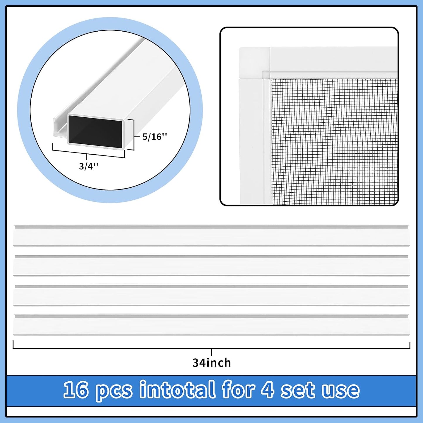 Yaocom 4 Pack Window Screen Kit 3/4 x 5/16 Inch Aluminum Frame with Corners, Spline, Springs, Pull Tabs, Screen Mesh and Screen Rolling Tool 32'' x 32''