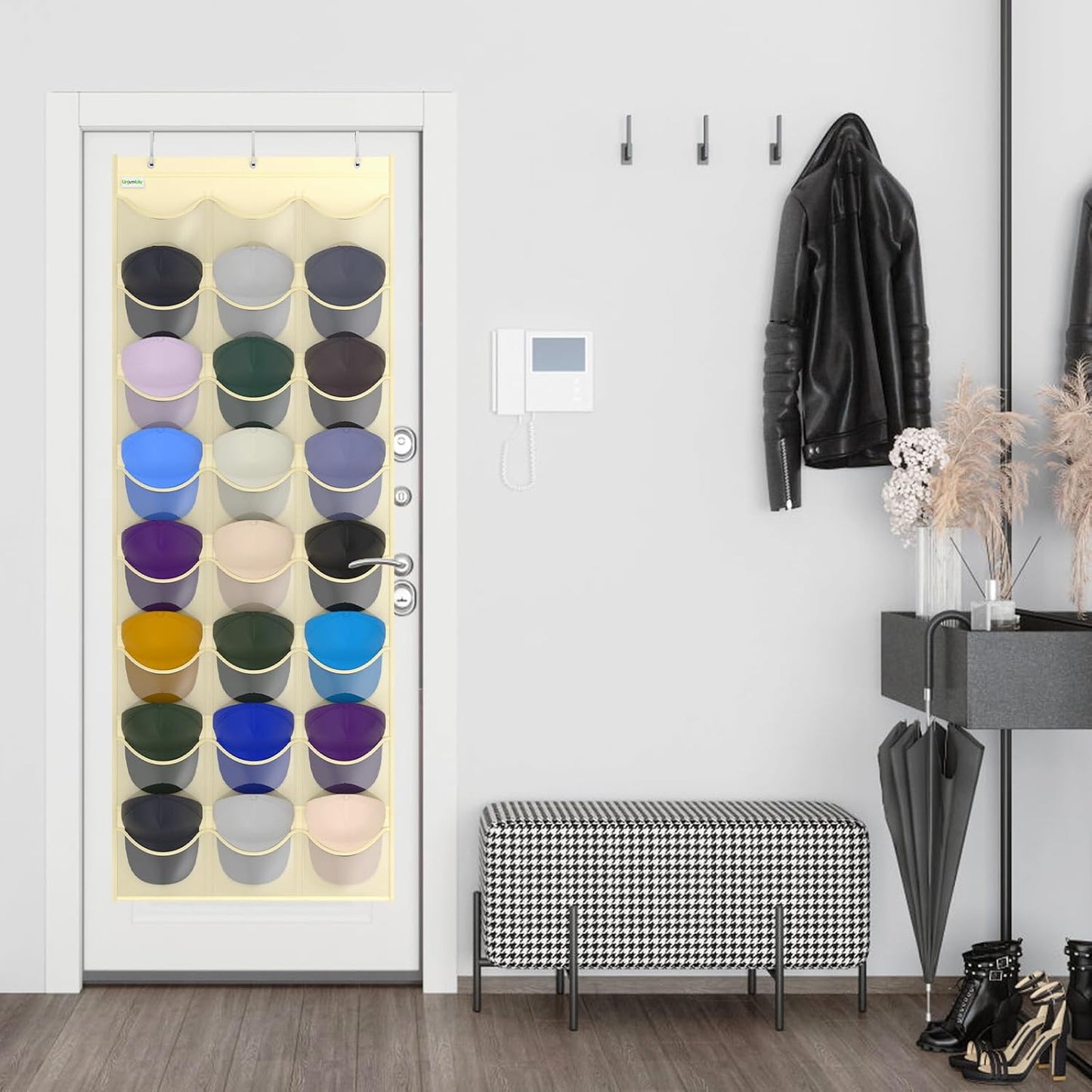 Baseball Hat Rack, 24 Pocket Over-The-Door Hat Organizer with Clear Deep Pockets to Display Baseball Caps Collection, Complete with 3 Over Door Hooks (Black, 24 Pockets)