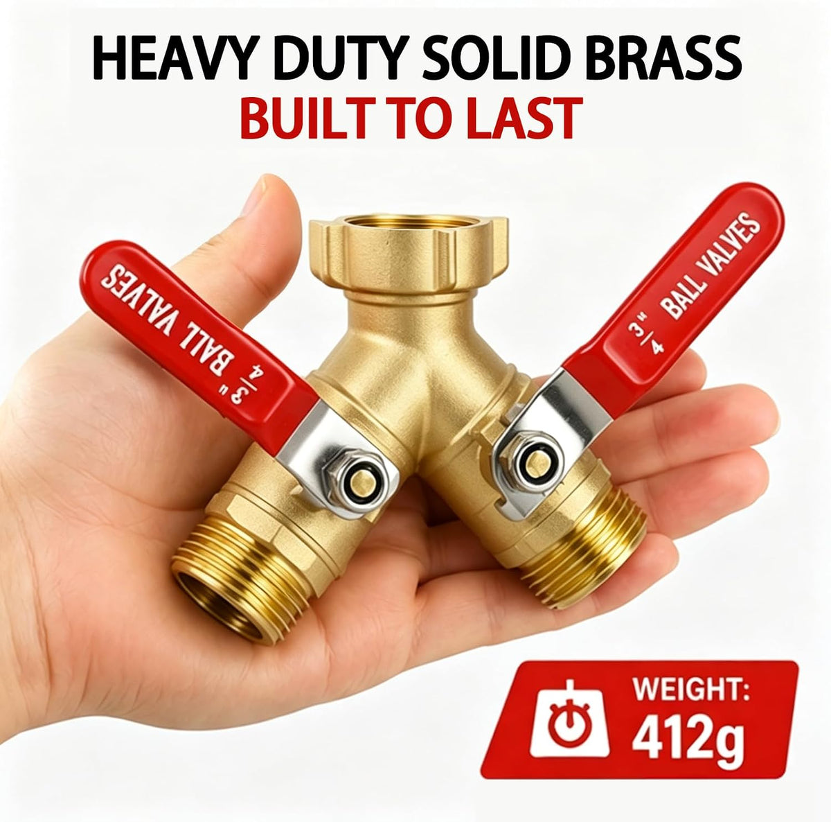 Garden Hose Splitter 2 Way, Heavy Duty Brass Full Flow Y Valve, 3/4" GHT | Solid Brass Construction with Leak-Proof Washers, Long Metal Handles for Watering, Sprinklers, RVs and Car Washing.