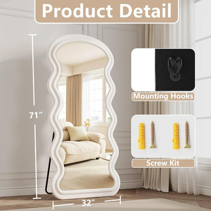 71"x32" Flannel Full Length Mirror, Arched Mirrors Full Length with Stand, Flannel Floor Mirror for Bedroom and Living Room, Full Body Mirror Hanging or Leaning, White