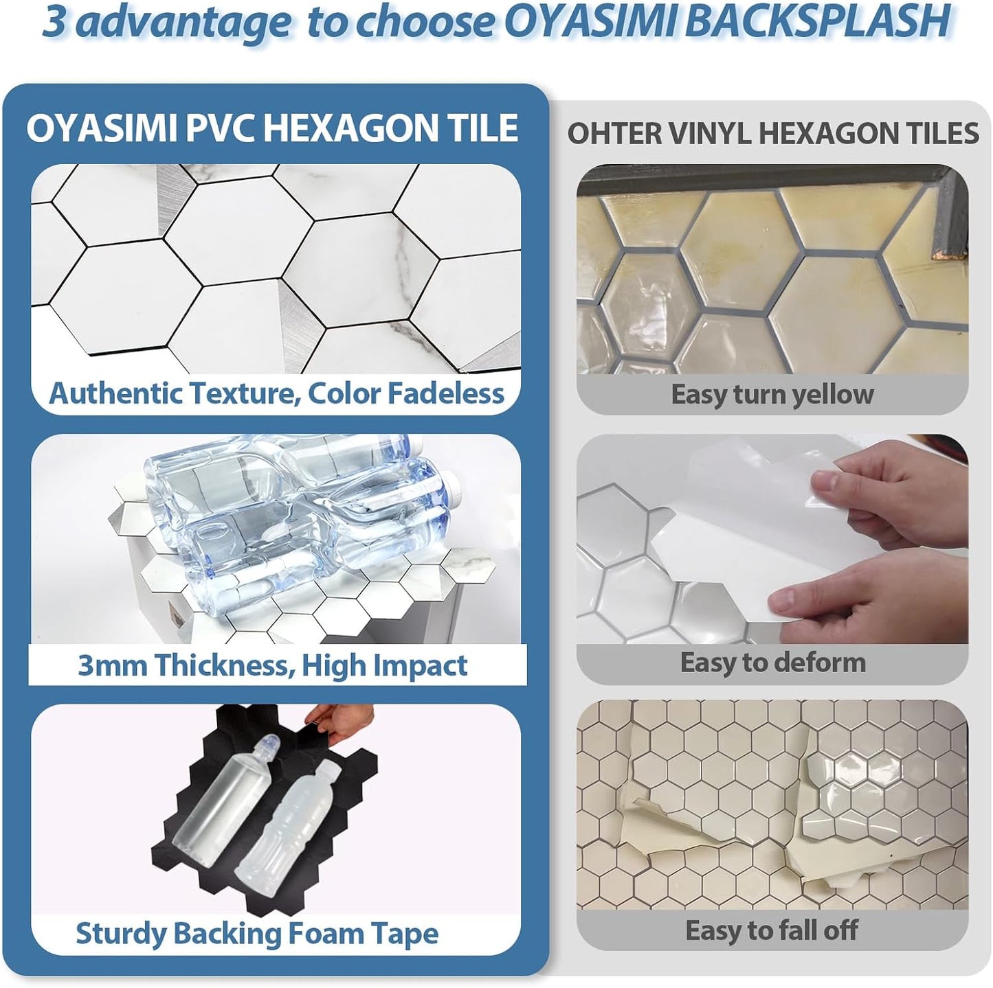 10-Sheet Heavy-Duty Hexagon Peel and Stick Backsplash, Thick Waterproof &Heat Resistant Stick on Wall Tiles, Slate Beige Mosaic for Kitchen & Bathroom, Strong Adhesive Permanent PVC Tiles