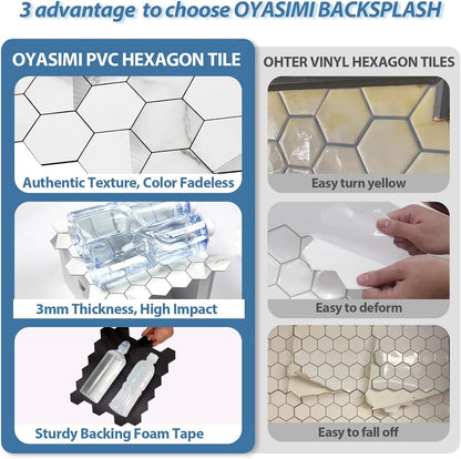 10-Sheet Heavy-Duty Hexagon Peel and Stick Backsplash, Thick Waterproof &Heat Resistant Stick on Wall Tiles, Slate Beige Mosaic for Kitchen & Bathroom, Strong Adhesive Permanent PVC Tiles