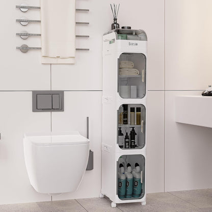 BINSIO 3-Tier Slim Bathroom Storage Cabinet for Toilet Side, Toilet Paper Storage Organizer, Narrow Rolling Bathroom Storage Cabinet with Transparent Doors for Small Space, Foldable Easy Assembly