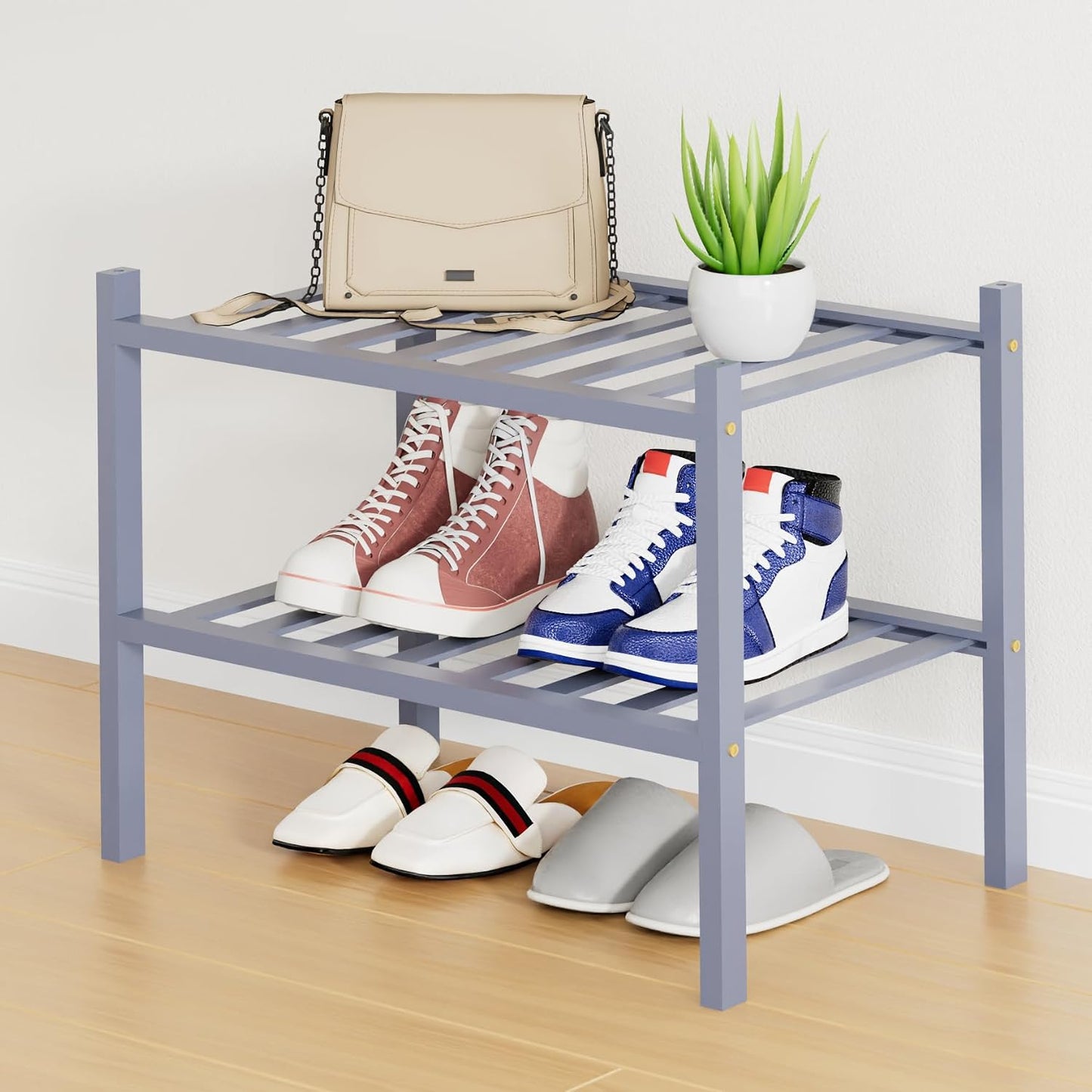 Smiry Bamboo Shoe Rack, 3 Tier Free Standing Wooden Shoe Organizer, Stackable Wood Shoe Storage Shelf for Closet, Entryway, 12 Vertical Slats, 2+1 Stack Standard Legs, 26.8"x11"x19.5", Natural