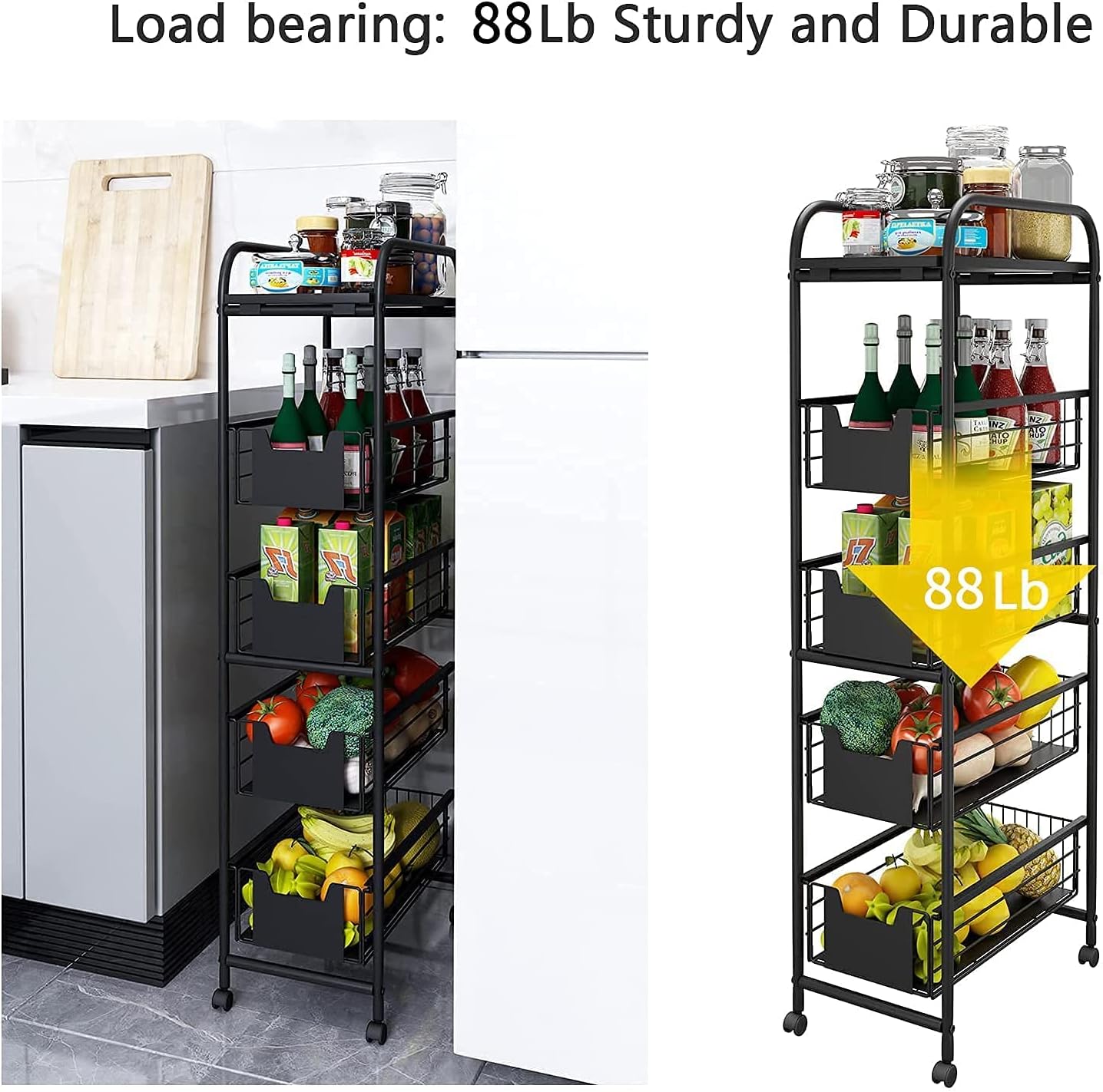 WHIFEA 5 Tier Slim Rolling Cart with Pull-Out Drawers, Multi-Layer Narrow Storage Shelf Organizer on Wheels, Metal Wire Baskets for Fruit, Dishes, Freestanding Unit for Kitchen, Bathroom, Home Office