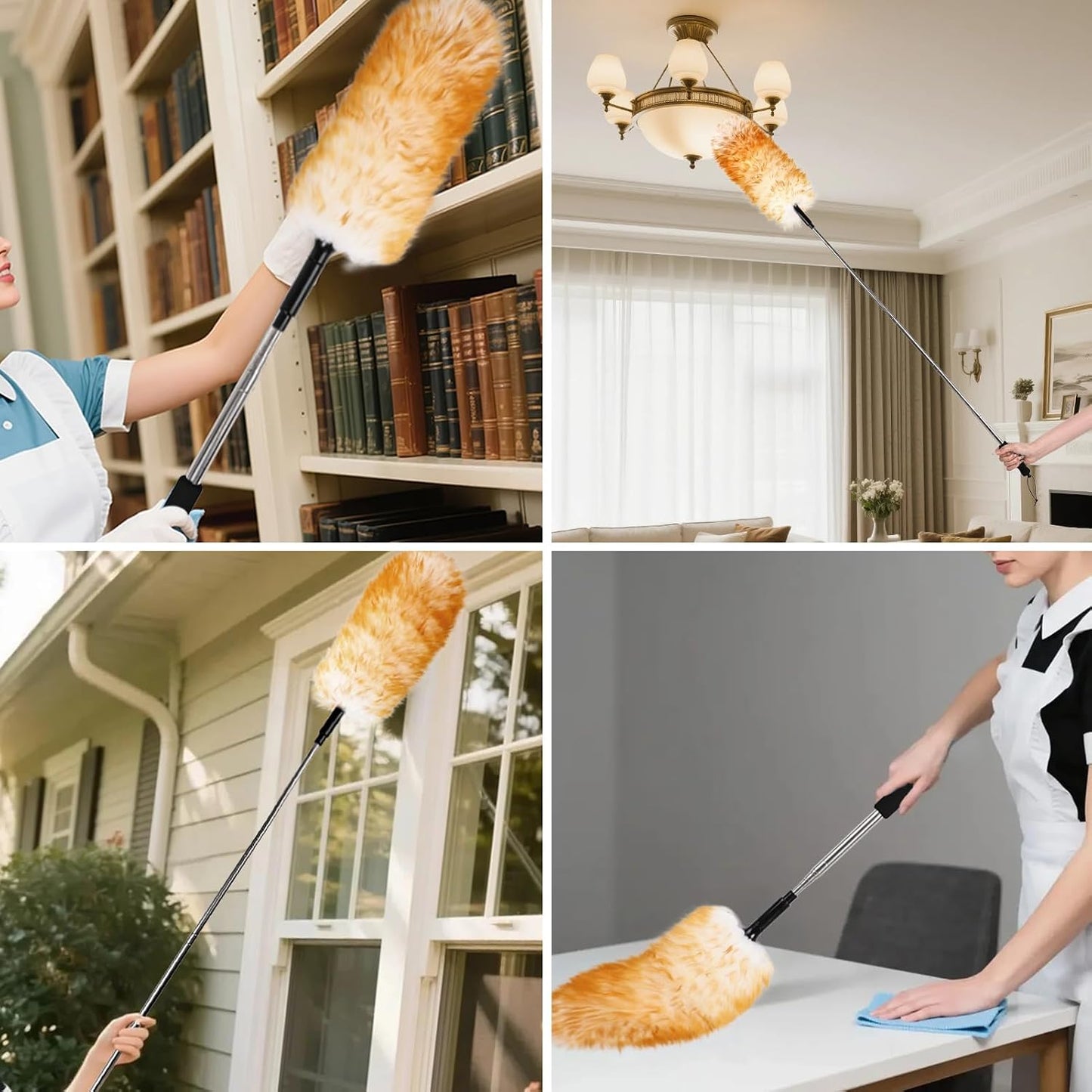 Extendable Lambswool Duster 29-110 Inch,Anti-Static Flexible Head, Stainless Steel Pole for Cleaning High Ceiling,Fan,Furniture,Roof Dusting