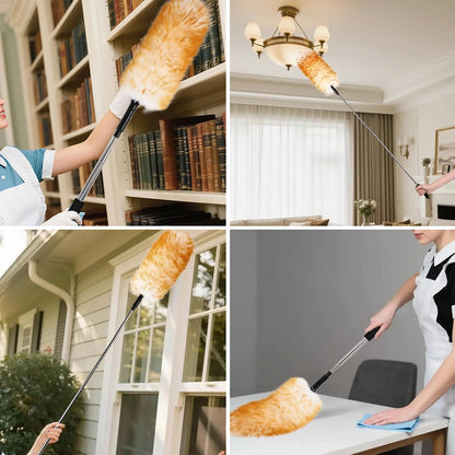 Extendable Lambswool Duster 29-110 Inch,Anti-Static Flexible Head, Stainless Steel Pole for Cleaning High Ceiling,Fan,Furniture,Roof Dusting